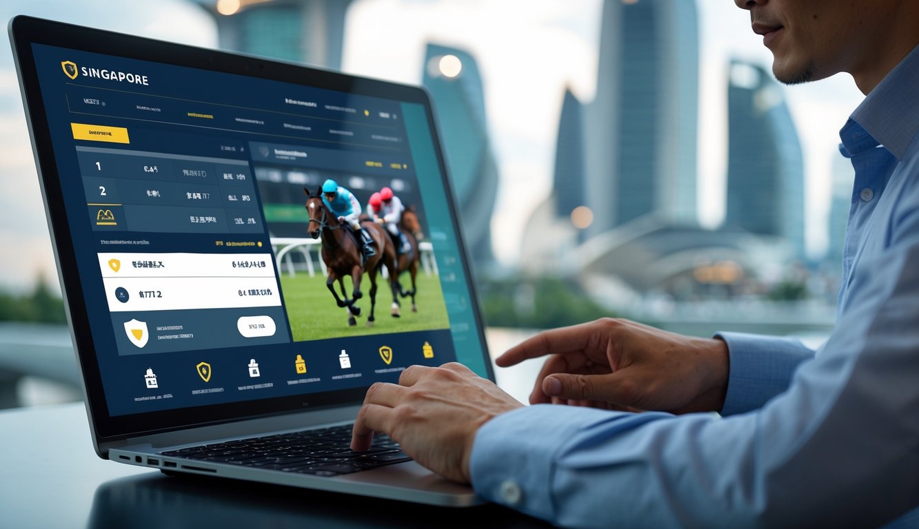 Seseorang menggunakan laptop dengan tampilan platform taruhan balap kuda yang aman, dengan latar belakang elemen khas Singapura.