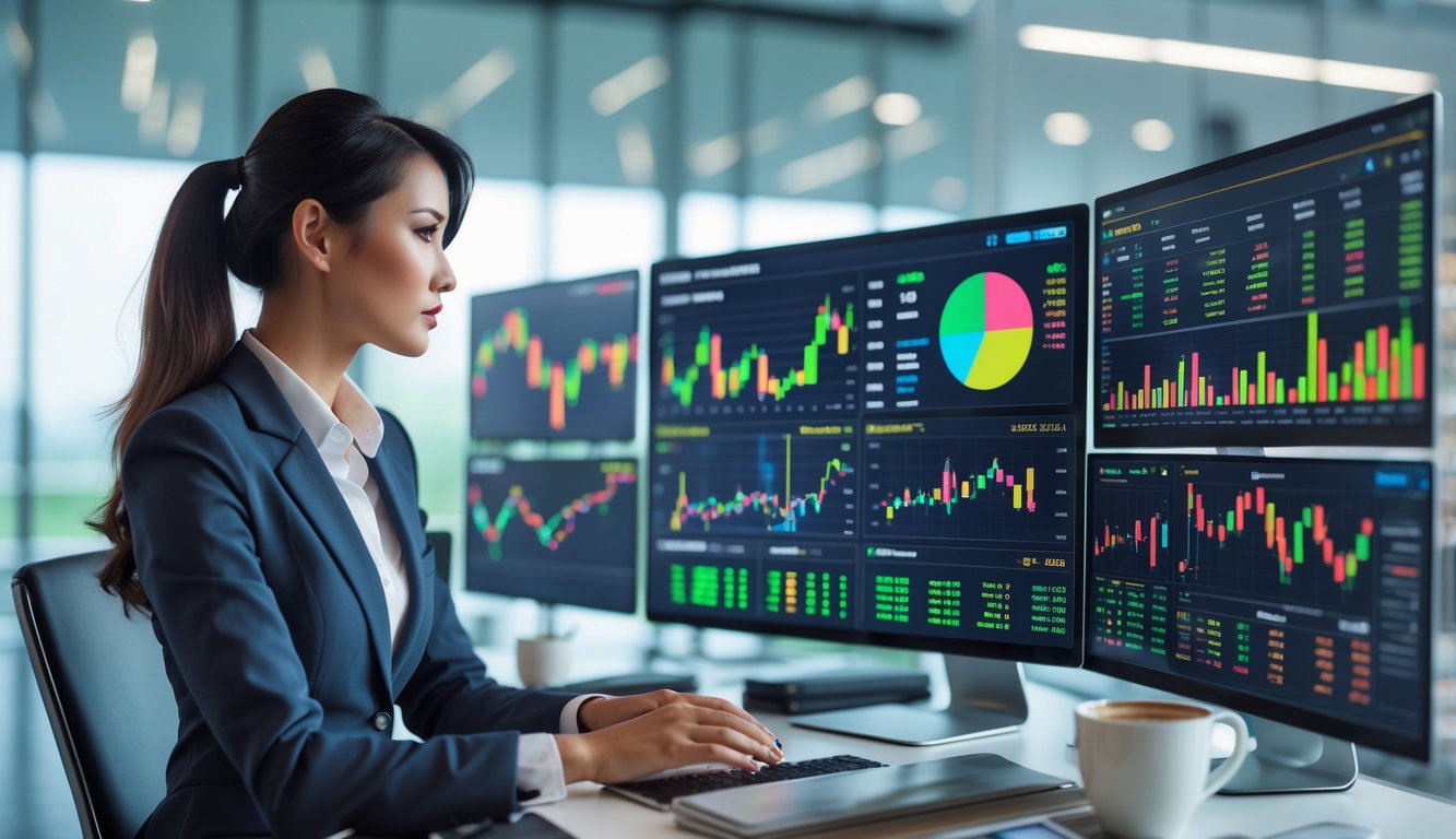 Seorang wanita sedang menganalisis data balap kuda di depan beberapa layar komputer dalam kantor modern.