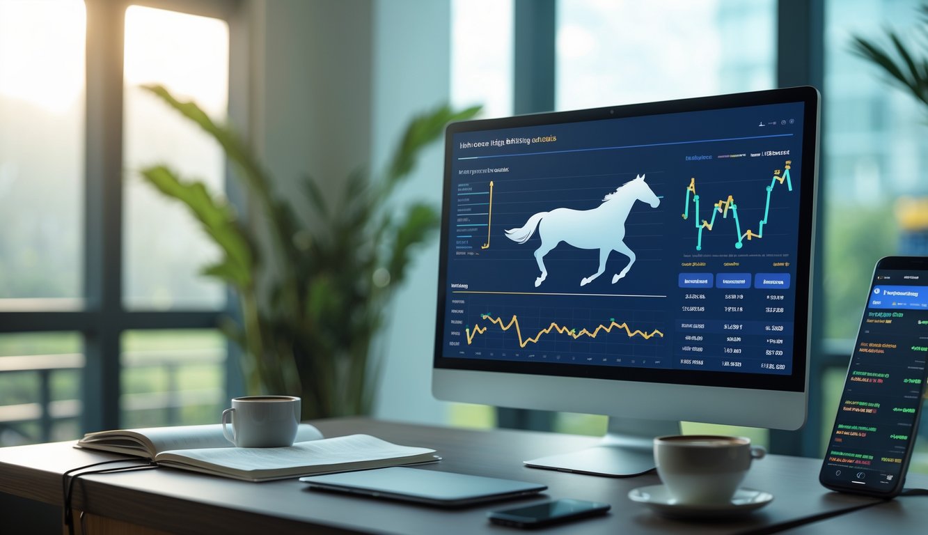 Seorang profesional sedang menganalisis data balap kuda Singapura di depan komputer dengan grafik dan gambar kuda berlari di layar.
