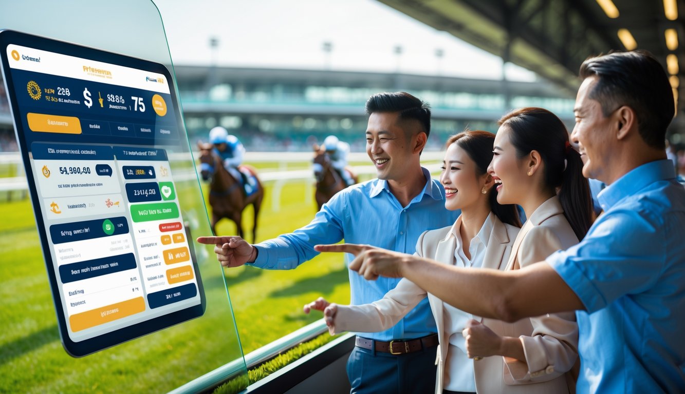 Orang-orang yang antusias menggunakan platform digital taruhan balap kuda dengan latar belakang arena balap kuda yang sedang berlangsung.