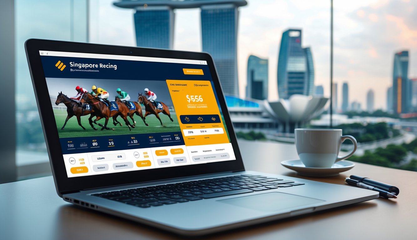 Seorang pengguna melihat layar perangkat yang menampilkan platform taruhan balap kuda Singapura dengan latar belakang elemen khas Singapura.
