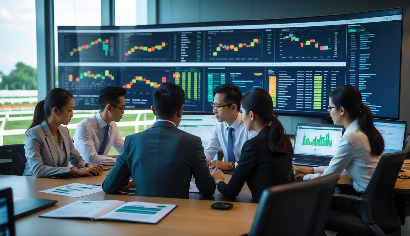 Sekelompok profesional sedang menganalisis data balap kuda di ruang kantor modern dengan layar digital dan dokumen.
