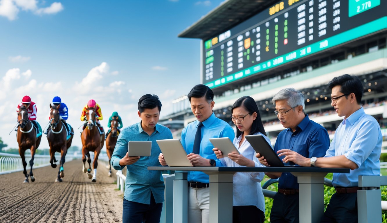 Beberapa orang sedang melihat data dan statistik balap kuda di depan layar digital di sebuah arena balap kuda.