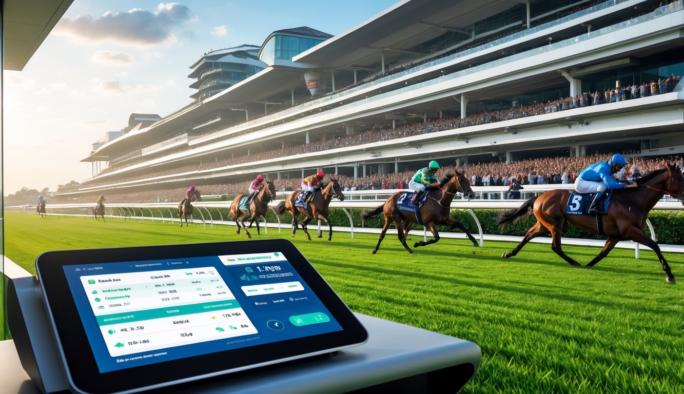 Sebuah arena balap kuda di Singapura dengan penonton, kuda berlari di lintasan hijau, dan terminal taruhan digital di latar depan.