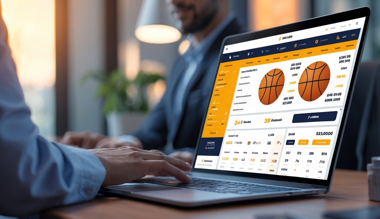 Seseorang menggunakan laptop yang menampilkan platform taruhan basket dengan tampilan modern dan profesional.