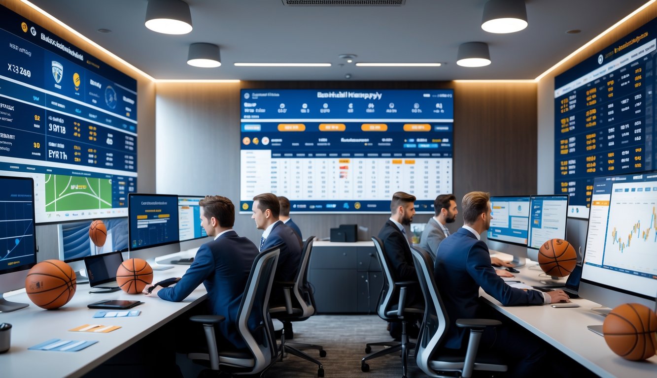 Sejumlah profesional sedang menganalisis statistik dan peluang taruhan basket di sebuah kantor modern dengan layar komputer besar dan papan digital di latar belakang.