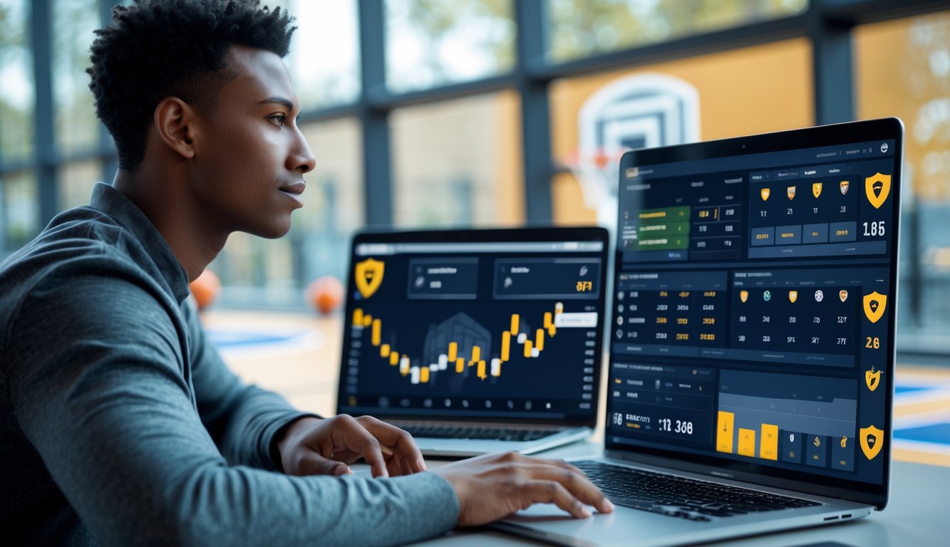 Seseorang sedang menggunakan laptop dengan layar menampilkan data dan grafik bola basket di ruang kerja yang terang dan modern.