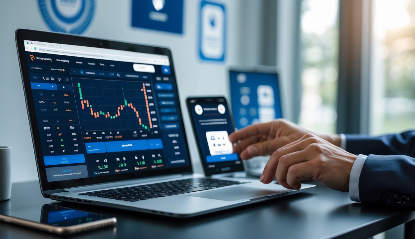 Seseorang menggunakan laptop dan perangkat digital lainnya untuk memasang taruhan bola basket secara online di ruang kerja yang aman dan teratur.