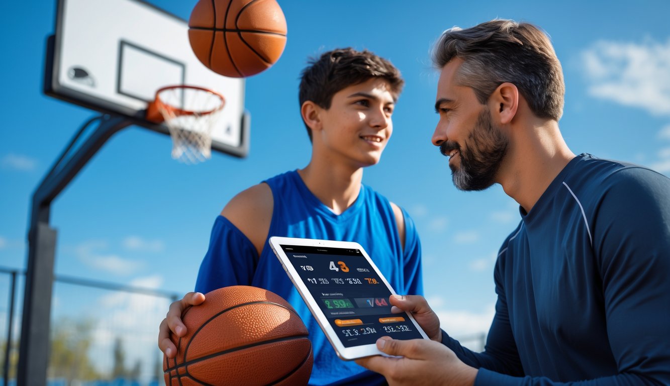Seorang pemula basket sedang menerima pelatihan dari pelatih di lapangan basket luar ruangan.