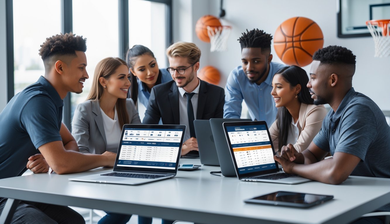 Sekelompok orang muda sedang berdiskusi di meja dengan perangkat digital yang menampilkan antarmuka taruhan basket.