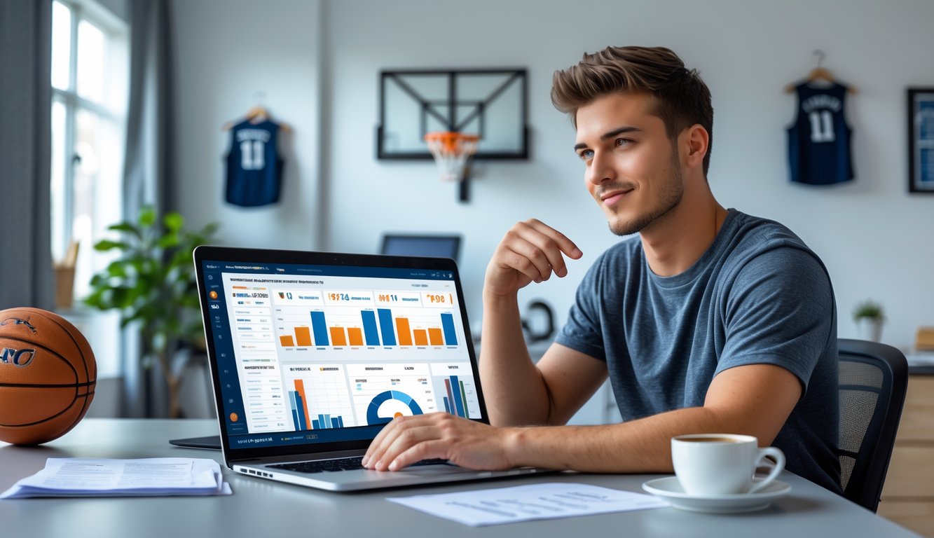 Seorang pria muda duduk di meja dengan laptop, menganalisis statistik dan peluang basket di ruang kerja rumah yang terang dengan dekorasi bola basket di latar belakang.