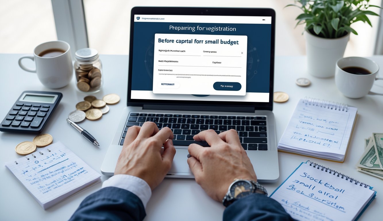 Meja kerja dengan laptop, kalkulator, catatan, dan tangan seseorang sedang mengetik, menyiapkan pendaftaran dengan modal kecil.