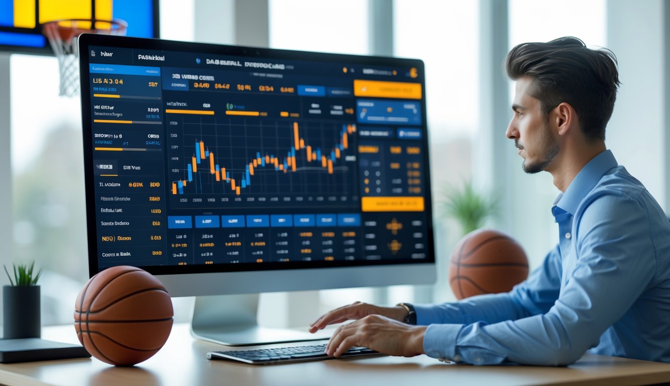 Seorang pria muda sedang menggunakan komputer dengan tampilan data taruhan basket dan statistik di ruang kantor yang terang.