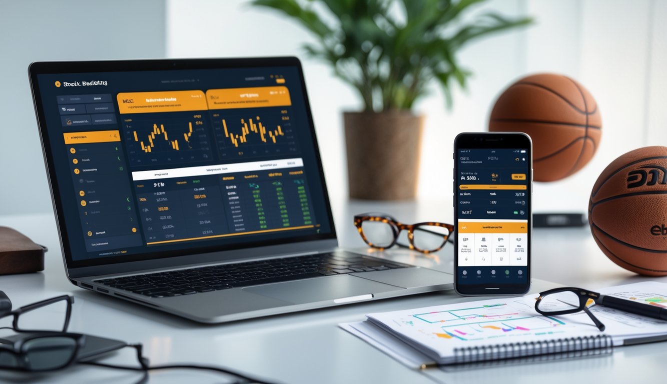 Meja kerja modern dengan laptop dan ponsel yang menampilkan statistik dan aplikasi taruhan bola basket, dikelilingi bola basket dan alat tulis.