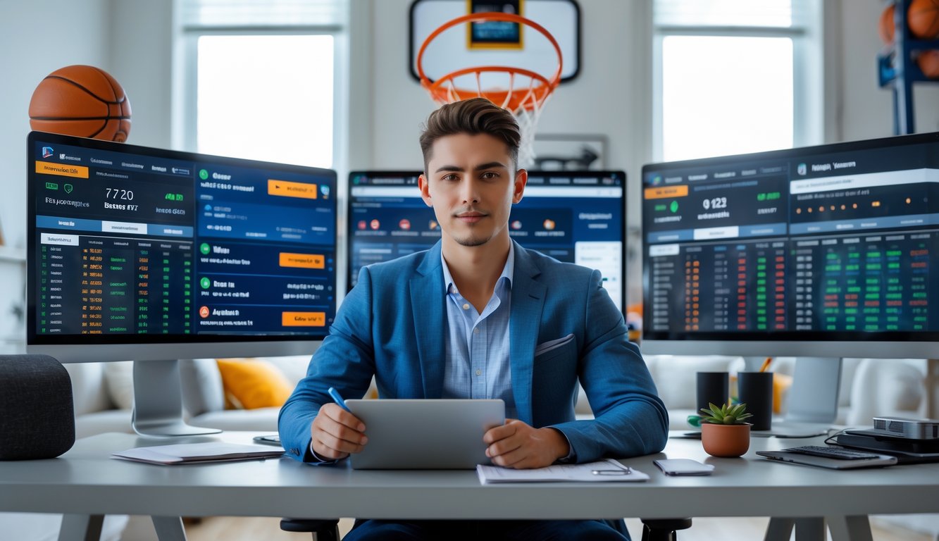 Seorang pria muda duduk di meja dengan beberapa layar komputer menampilkan statistik dan skor pertandingan basket, tampak fokus bekerja di ruang kerja modern.