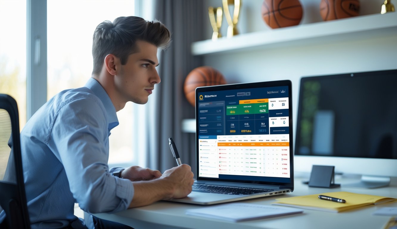 Seorang pria muda duduk di meja kerja dengan laptop, memperhatikan data taruhan basket online sambil mencatat.