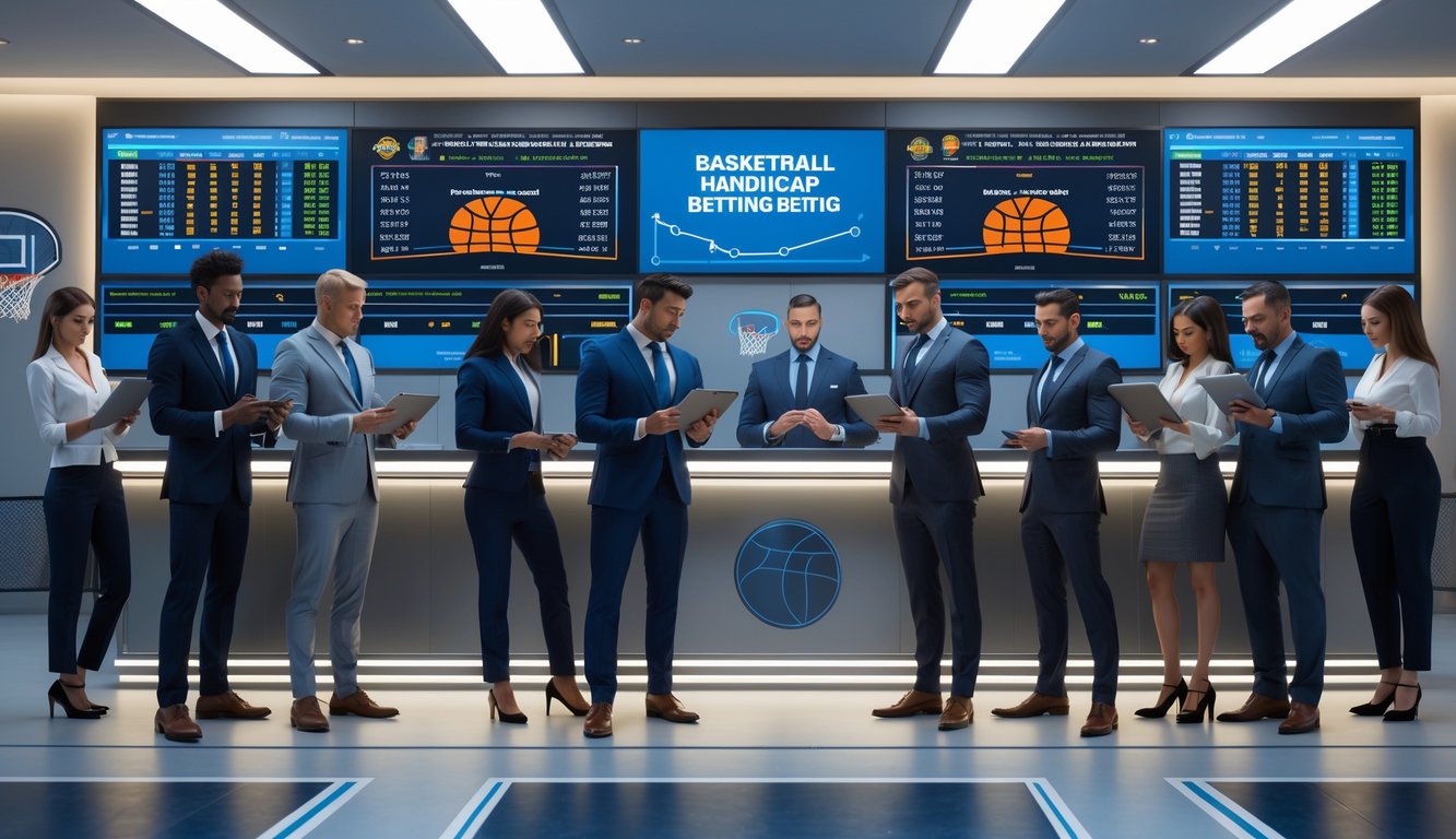 Orang-orang di ruang taruhan olahraga modern sedang melihat layar besar dengan statistik dan angka taruhan bola basket.