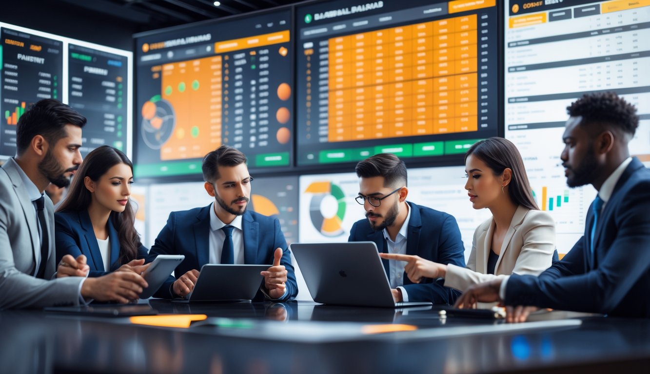 Sekelompok orang sedang menganalisis data taruhan handicap bola basket menggunakan perangkat digital di sebuah ruangan modern.