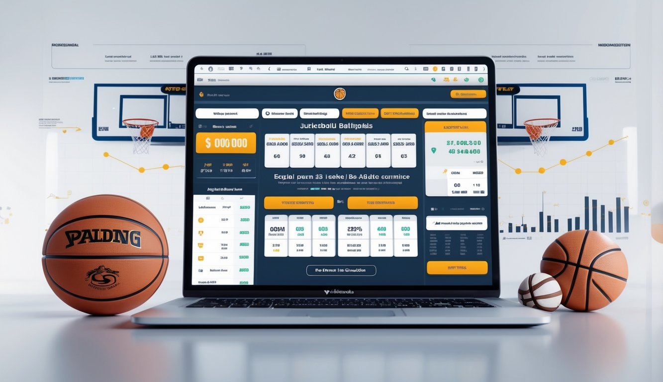 Seorang pria menggunakan laptop dengan tampilan situs taruhan basket online, di meja terdapat bola basket dan papan skor di latar belakang.