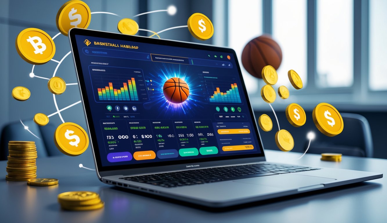 Sebuah laptop di meja kerja menampilkan antarmuka taruhan handicap basket online dengan ikon bonus dan simbol transaksi digital di sekitarnya.