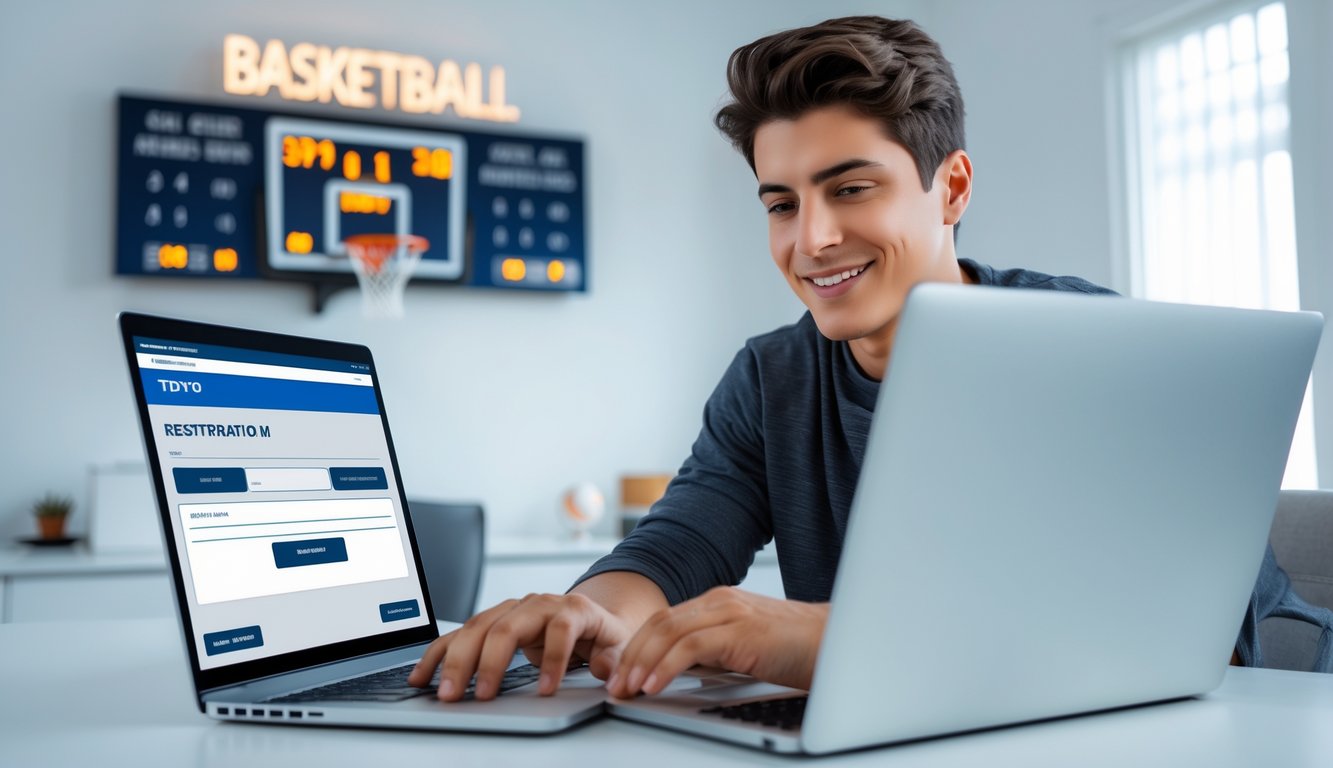 Seorang pria muda menggunakan laptop di meja dengan latar belakang tema bola basket, terlihat fokus dan puas saat mendaftar secara online.