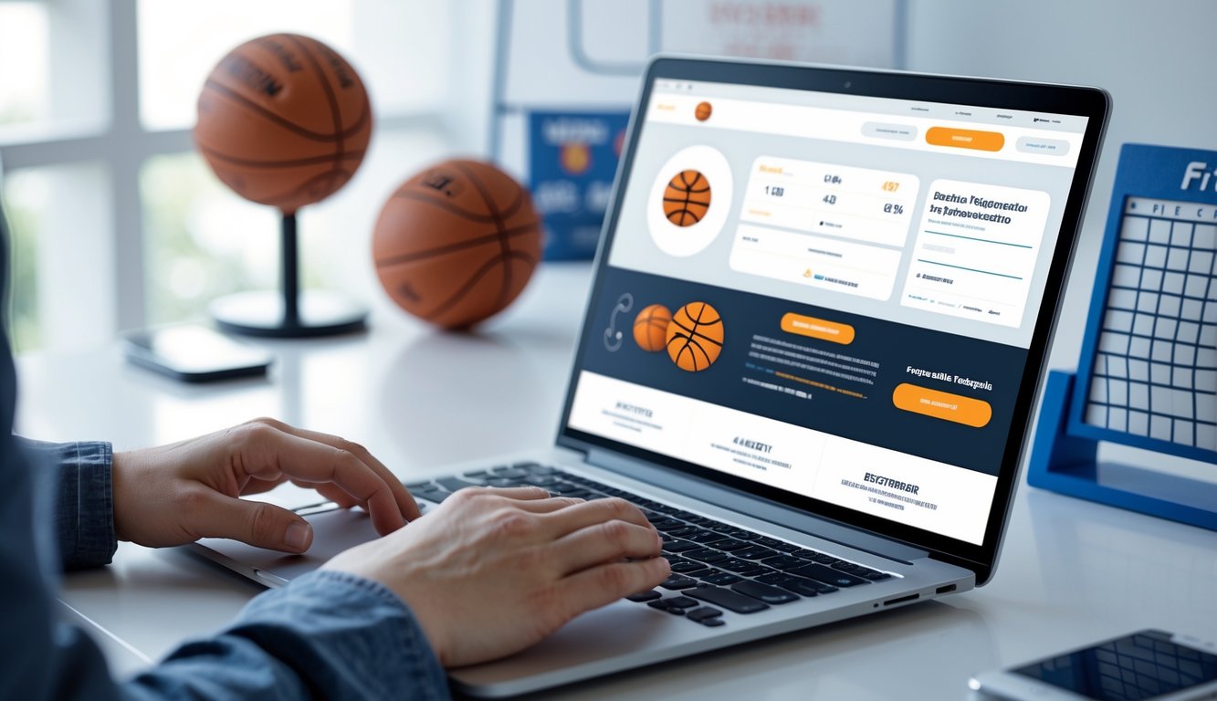Meja kerja modern dengan laptop yang menampilkan situs pendaftaran taruhan handicap basket, tangan seseorang sedang mengetik untuk proses pendaftaran cepat.