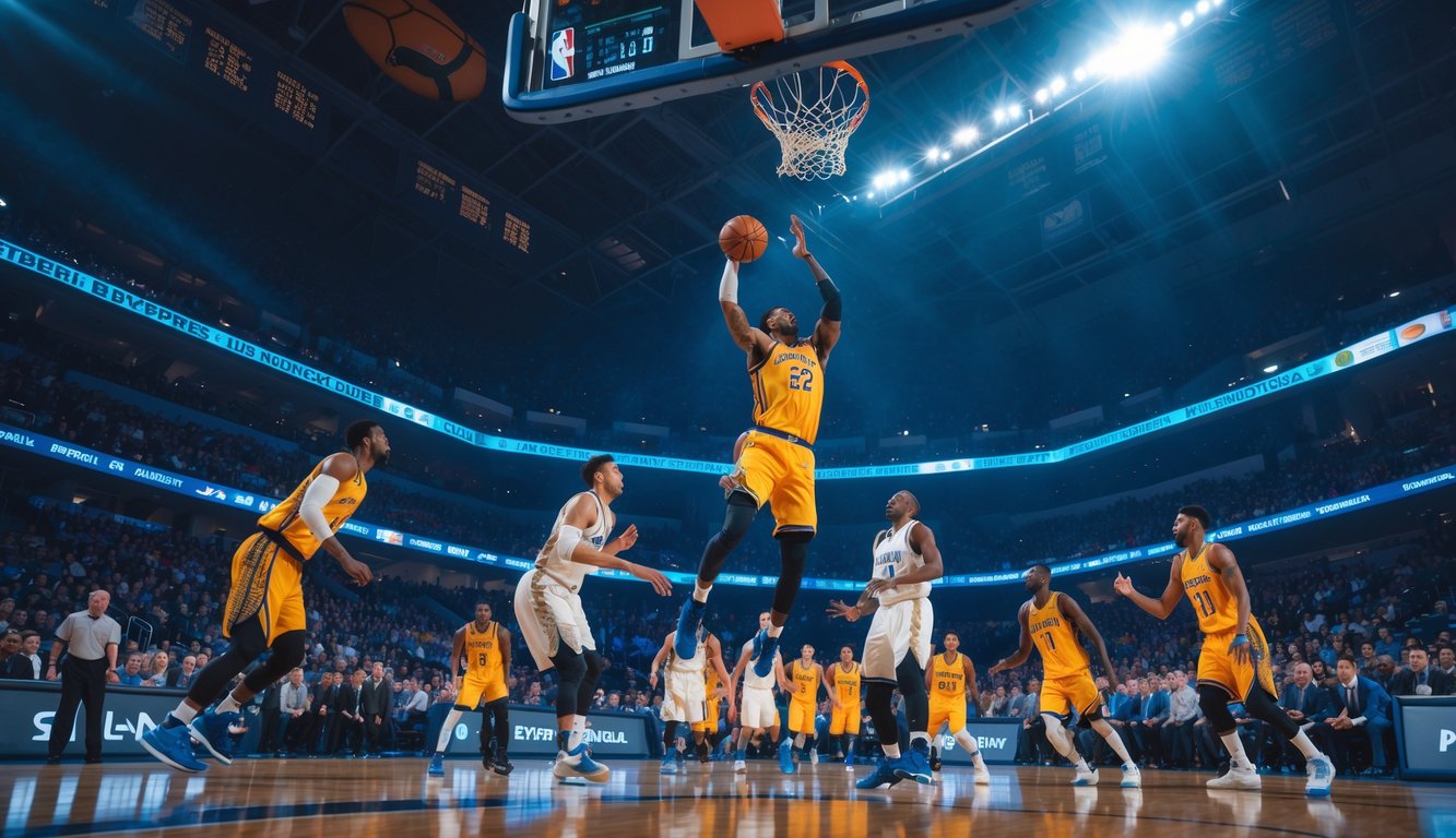 Seorang pemain basket sedang melompat untuk melakukan slam dunk dalam pertandingan basket yang berlangsung di sebuah stadion dalam ruangan penuh penonton.