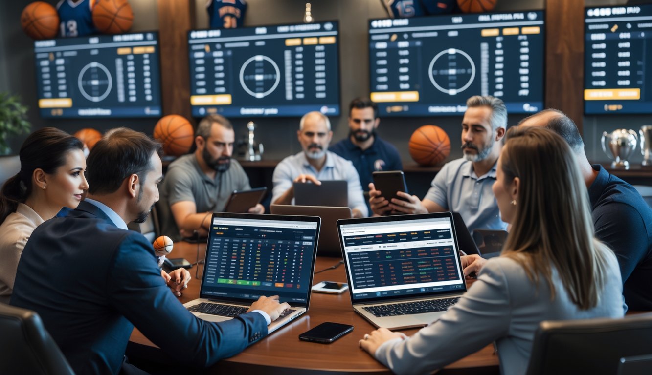 Beberapa orang sedang menggunakan perangkat elektronik untuk memasang taruhan basket secara langsung di sebuah ruangan modern dengan perlengkapan basket di latar belakang.