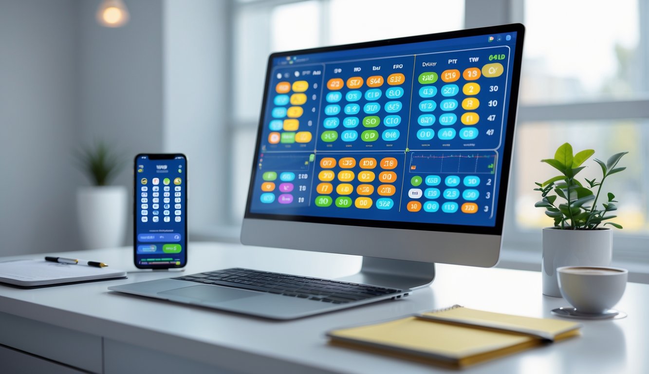 Sebuah meja kerja dengan komputer yang menampilkan tampilan permainan lotere online dan perangkat pendukung di sekitarnya.