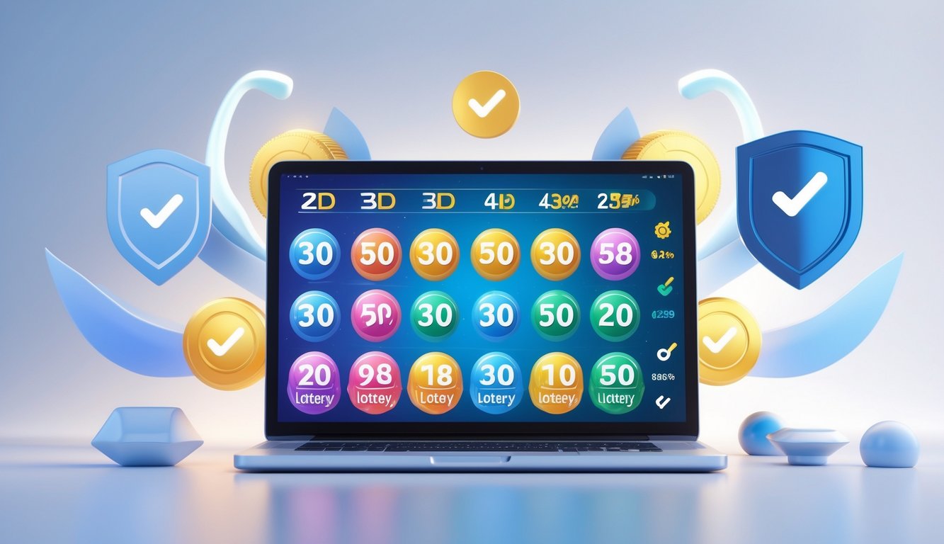 Layar komputer menampilkan angka lotere dengan latar belakang bersih dan elemen yang melambangkan kepercayaan dan keamanan.