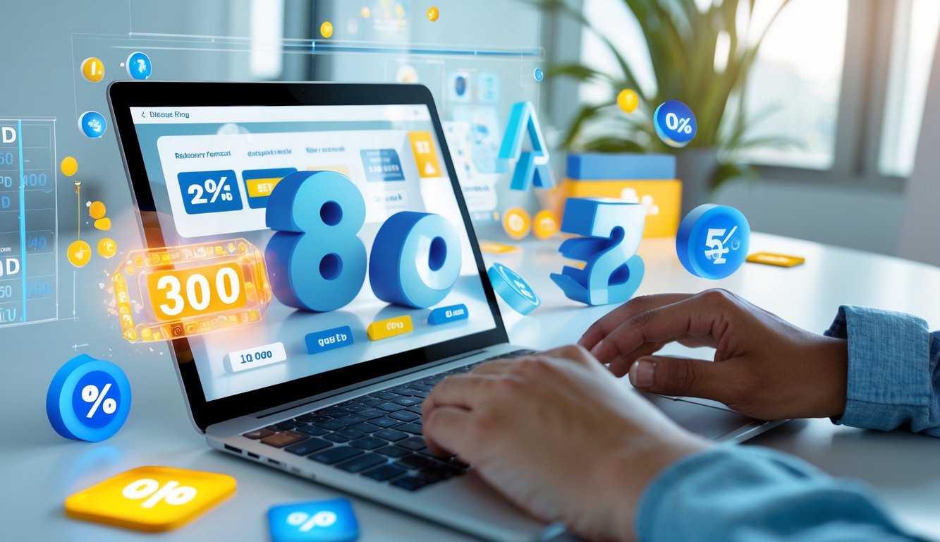 Seseorang menggunakan laptop di meja kerja dengan tampilan digital yang menampilkan angka dan simbol lotre serta elemen diskon.