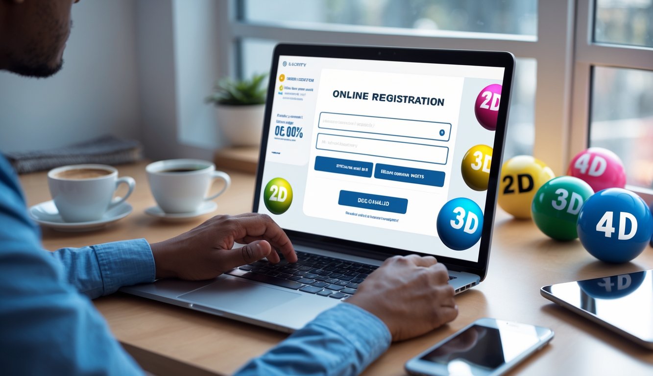 Seseorang sedang menggunakan laptop di meja kerja yang rapi dengan bola lotere berwarna-warni di sekitarnya.