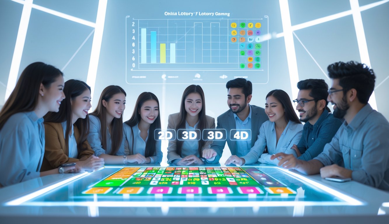 Sekelompok orang muda sedang menggunakan meja layar sentuh digital dengan angka lotre berwarna-warni dalam suasana modern dan terang.