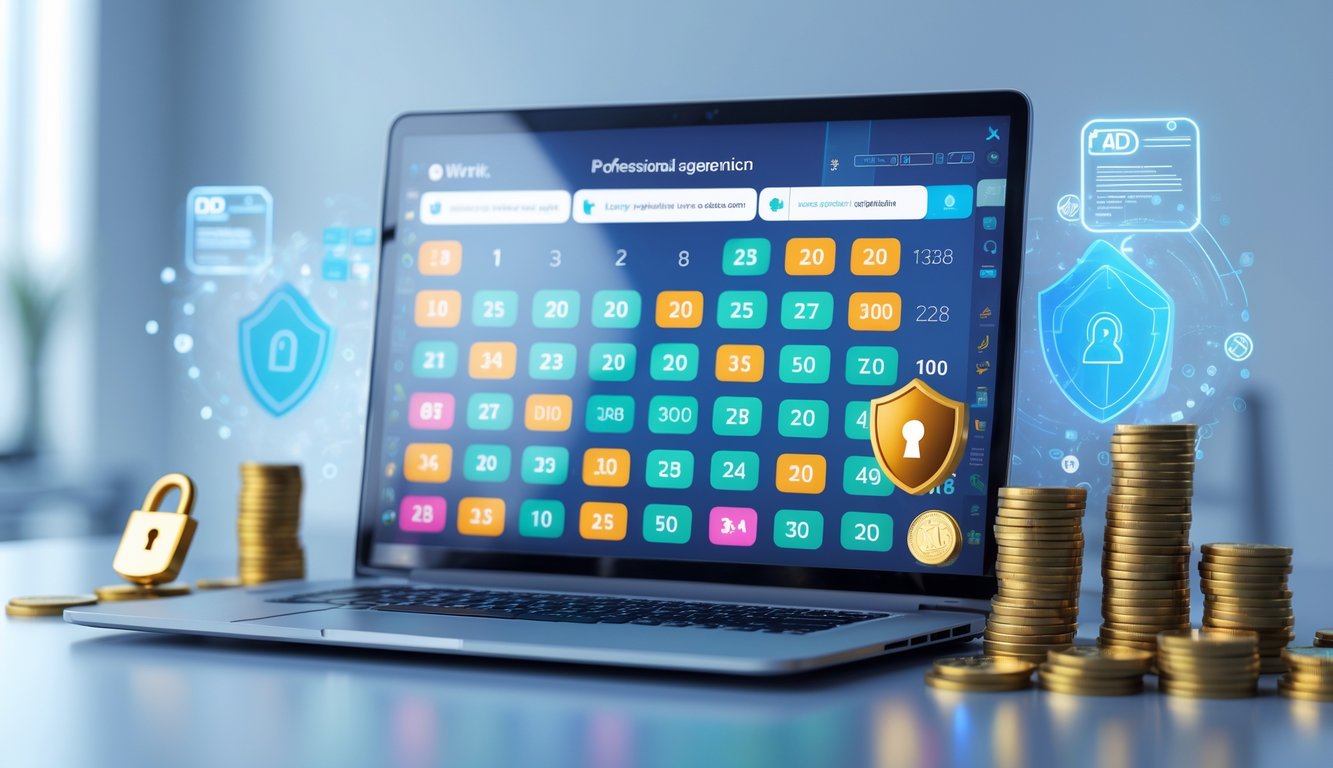Seorang pekerja menggunakan laptop dengan tampilan antarmuka lotere digital dan simbol keamanan di meja kerja modern.