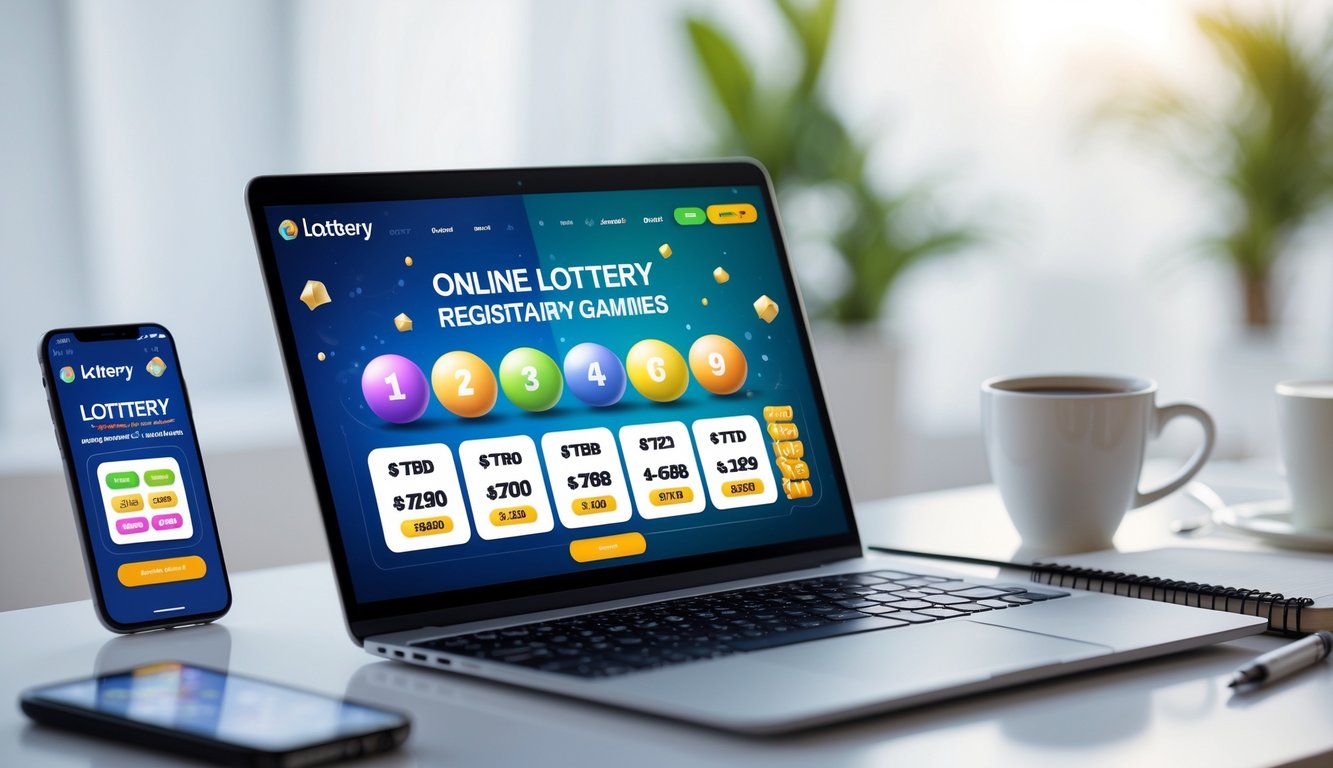 Meja kerja dengan laptop yang menampilkan situs togel online dan ponsel dengan aplikasi togel, di samping ada cangkir kopi dan buku catatan.