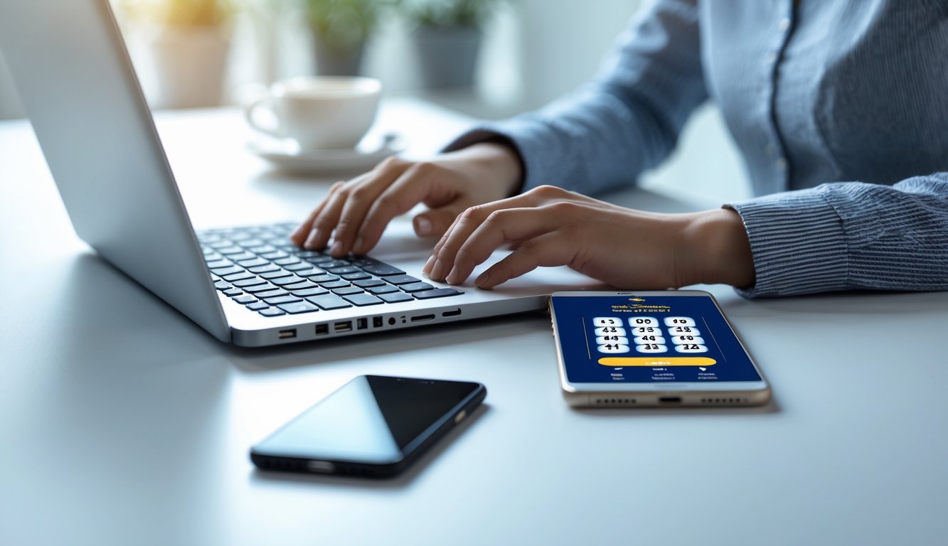 Seseorang sedang mendaftar di situs togel online menggunakan laptop di meja kerja dengan ponsel dan secangkir kopi di sampingnya.