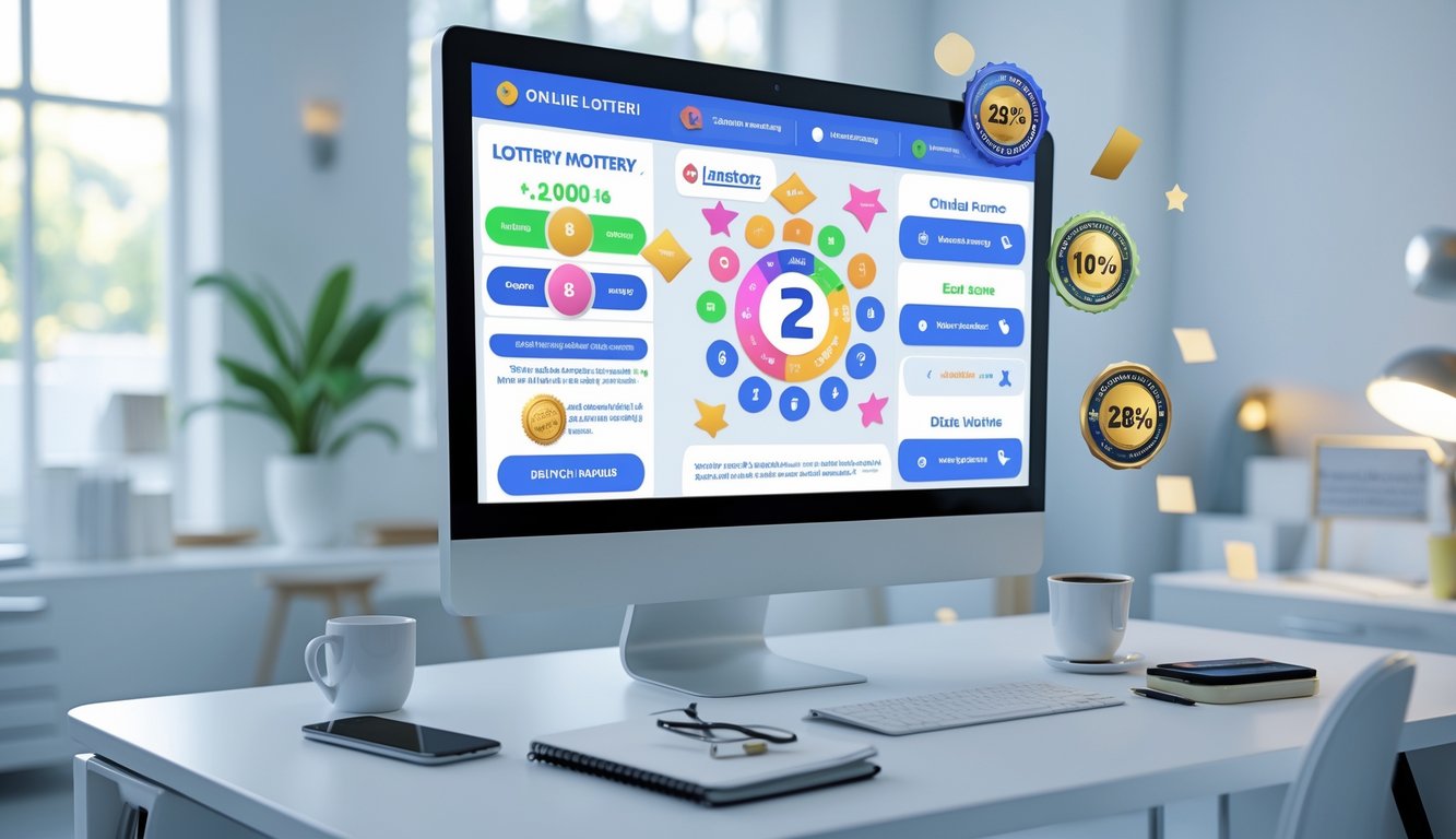 Sebuah meja kerja dengan komputer yang menampilkan antarmuka platform lotere online dengan grafik warna-warni dan elemen digital, di ruang kantor yang terang dan rapi.