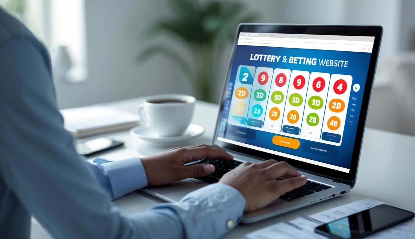 Seseorang sedang menggunakan laptop di meja kerja dengan tampilan situs taruhan togel online, dikelilingi oleh kopi dan ponsel.