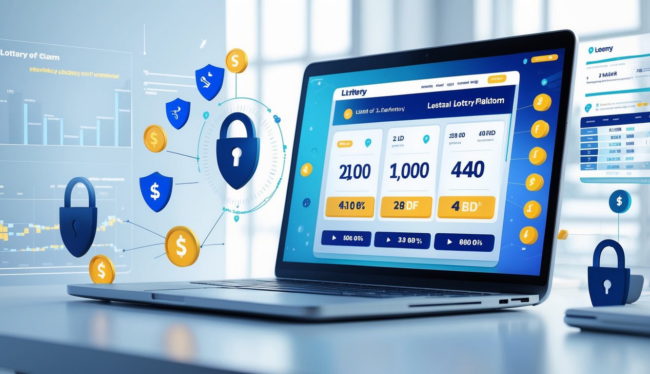 Seorang profesional menggunakan laptop di meja kerja dengan tampilan situs lotere online yang aman dan modern, dikelilingi simbol keamanan dan grafik teknologi.