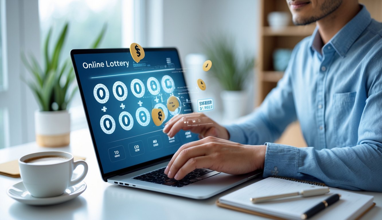 Seseorang menggunakan laptop di ruang kerja rumah yang terang dengan elemen digital yang menunjukkan konsep lotere online yang aman dan terpercaya.