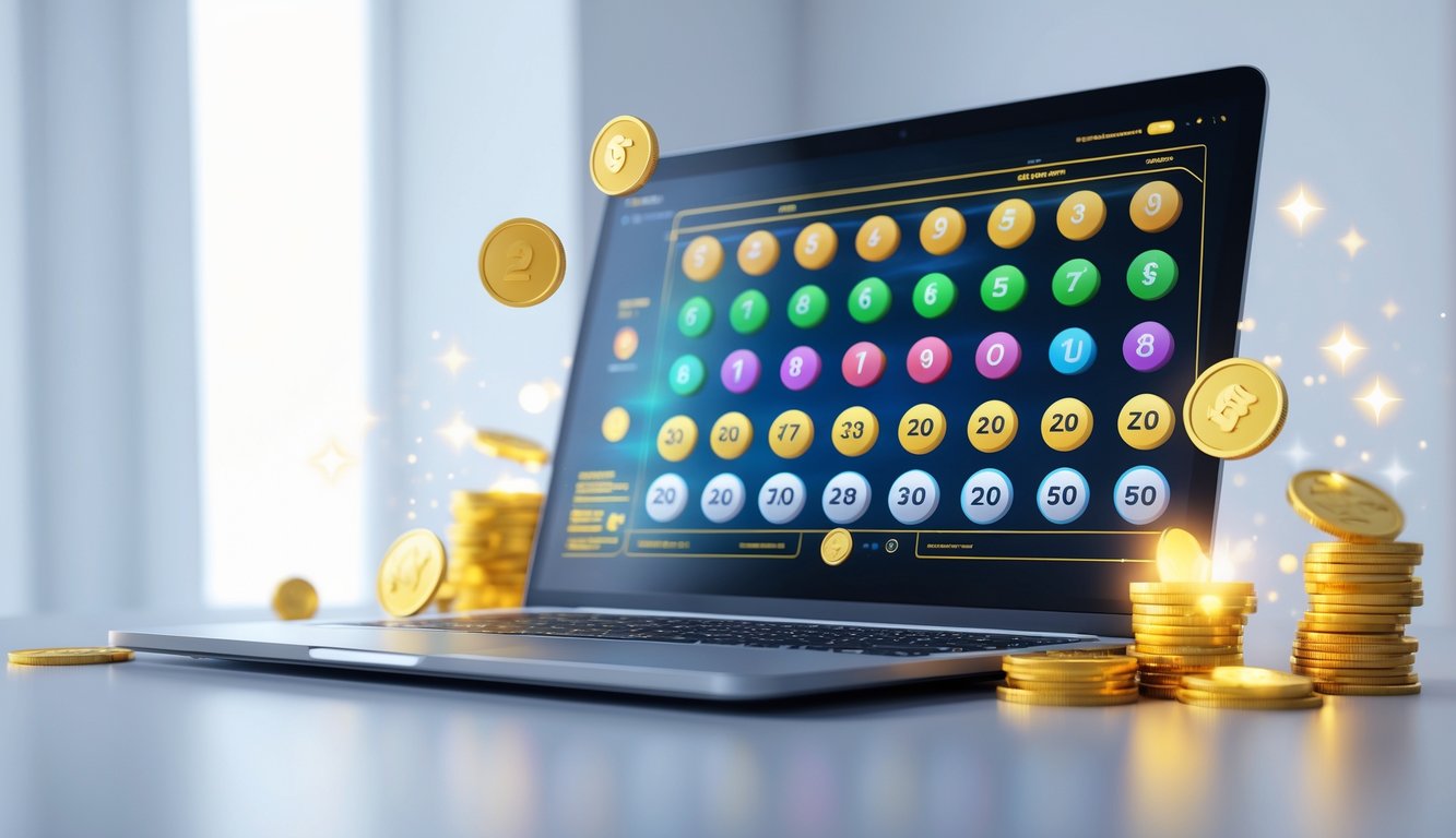 Sebuah laptop modern menampilkan angka lotere digital dengan koin emas dan token di sekitarnya, menggambarkan suasana permainan lotere online.