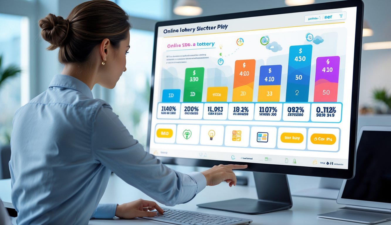 Seseorang sedang menggunakan komputer dengan tampilan antarmuka platform lotere online yang menampilkan opsi diskon dan bonus dalam suasana kantor yang terang dan rapi.