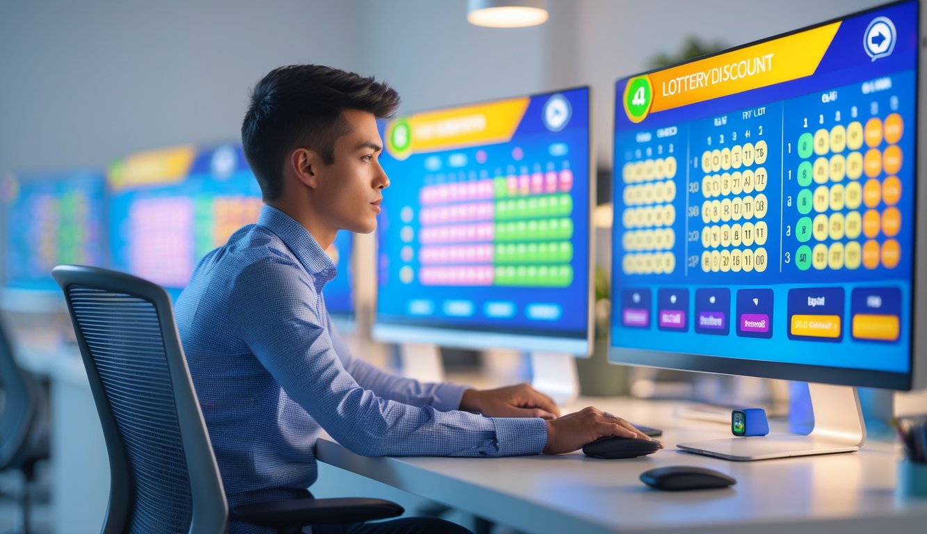 Seorang dewasa muda duduk di depan komputer dengan layar menampilkan angka lotre 2D, 3D, dan 4D, sedang menganalisis data dalam suasana profesional.
