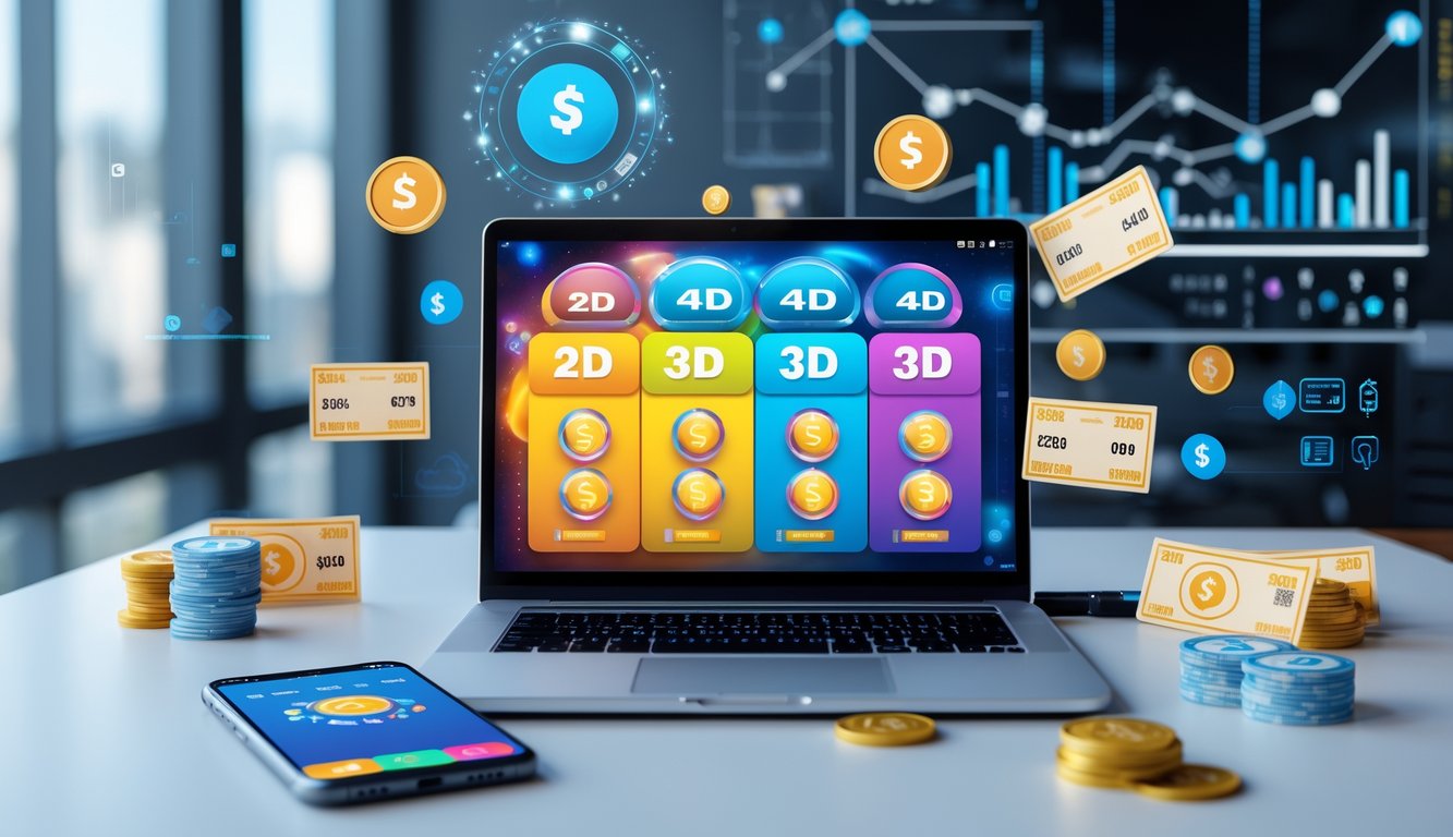Sebuah meja kerja dengan laptop dan ponsel yang menampilkan konsep platform togel online dengan simbol angka dan ikon diskon.