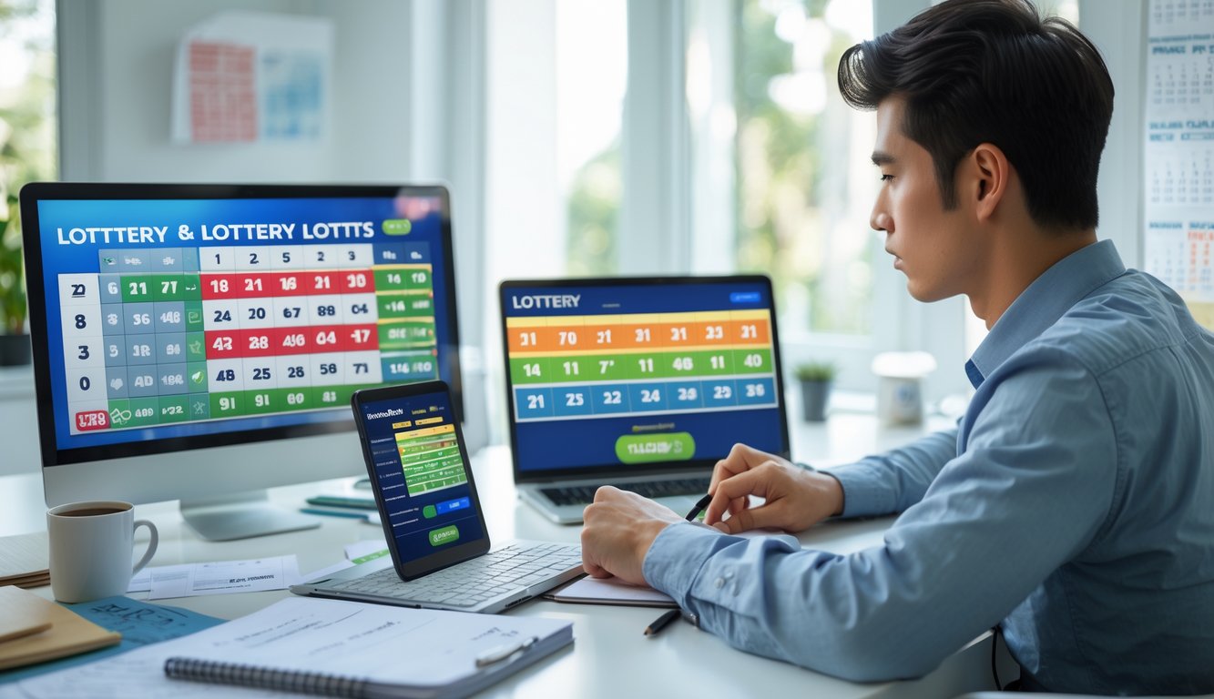 Seorang pria muda sedang duduk di meja kerja dengan beberapa perangkat digital menampilkan angka dan grafik togel, fokus menganalisis data dalam ruangan kantor rumah yang terang.