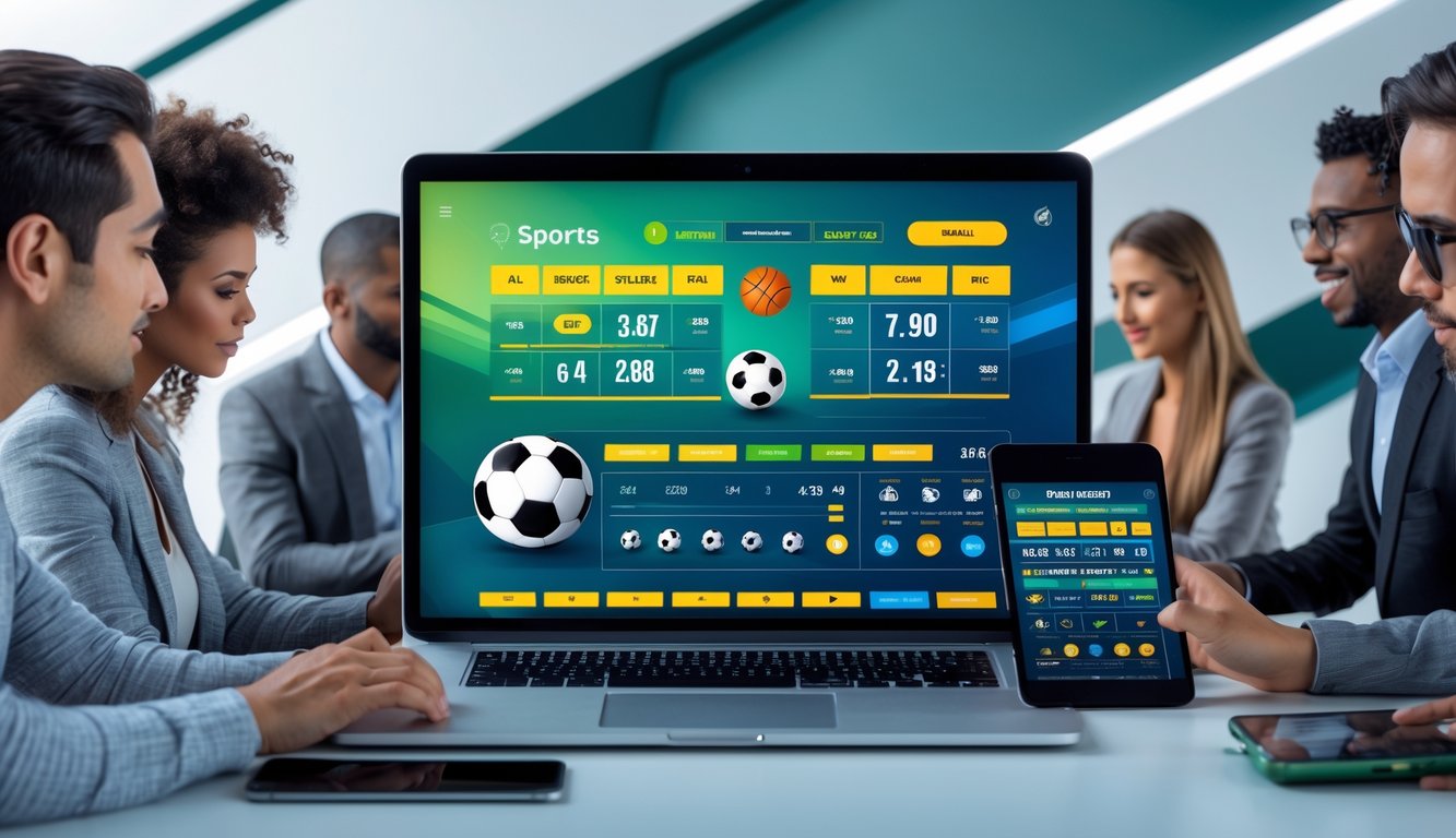 Beberapa orang menggunakan laptop, tablet, dan ponsel untuk melihat layar dengan grafik taruhan olahraga yang berwarna-warni.