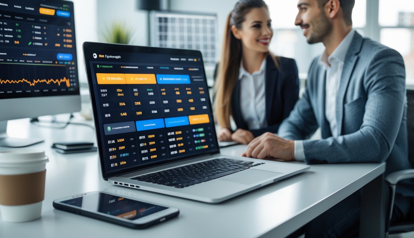 Seorang pria dan wanita sedang berdiskusi sambil melihat layar laptop dan ponsel yang menampilkan antarmuka taruhan olahraga online di sebuah kantor modern.