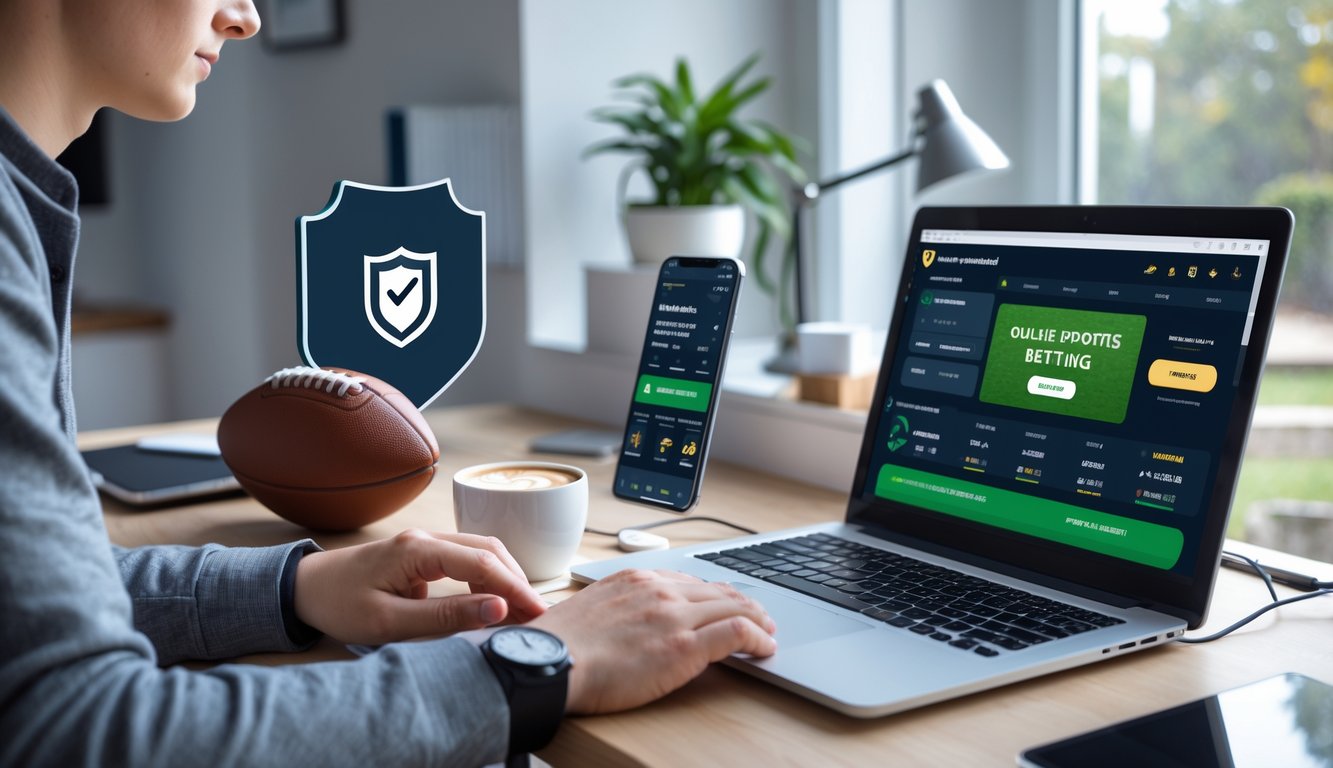 Seorang dewasa muda sedang menggunakan laptop di ruang kerja rumah dengan bola sepak di meja dan ponsel menampilkan pembaruan pertandingan langsung.