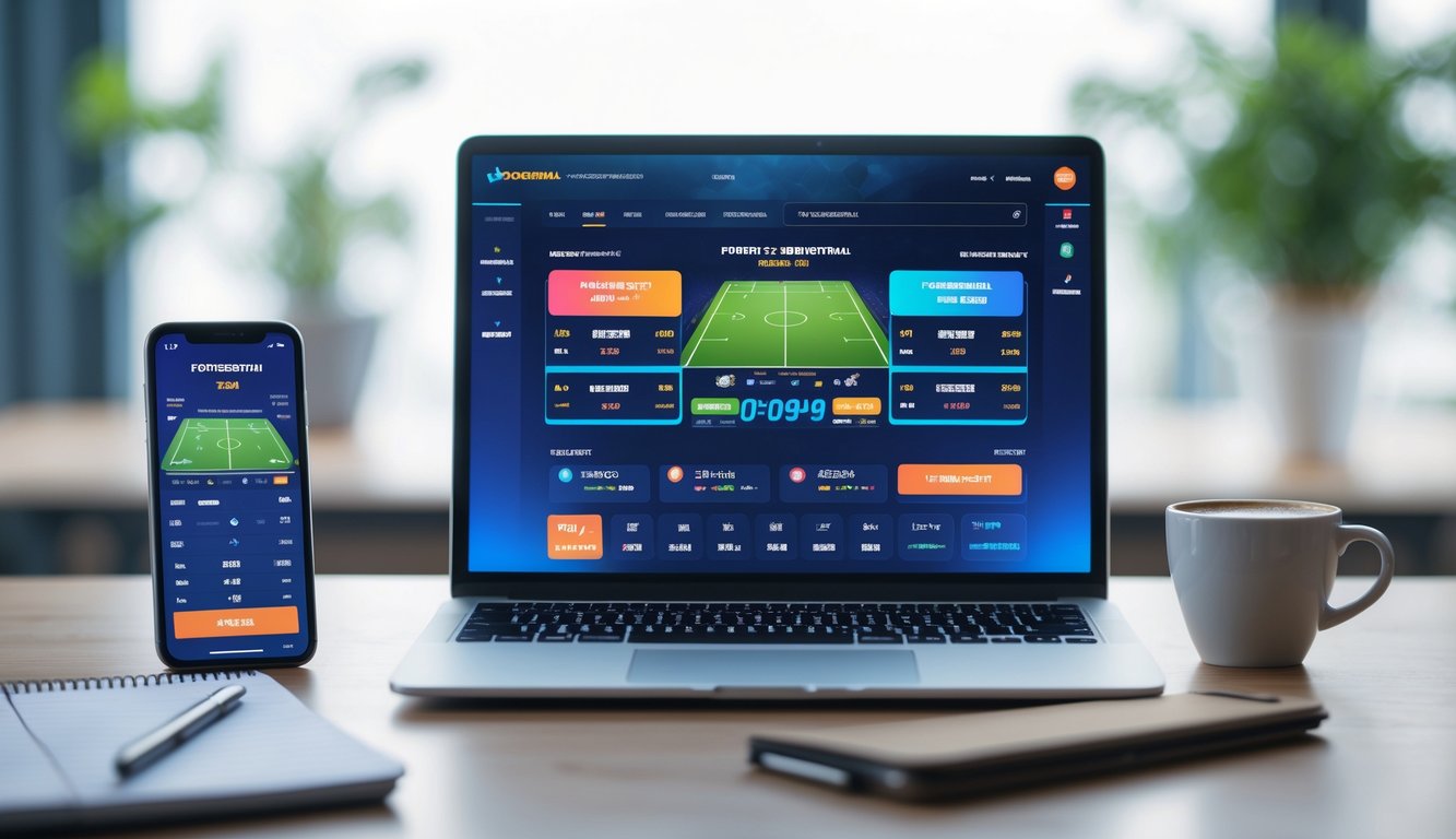 Seorang pengguna duduk di depan laptop dan smartphone dengan tampilan platform taruhan bola online, di meja terdapat kopi dan catatan.