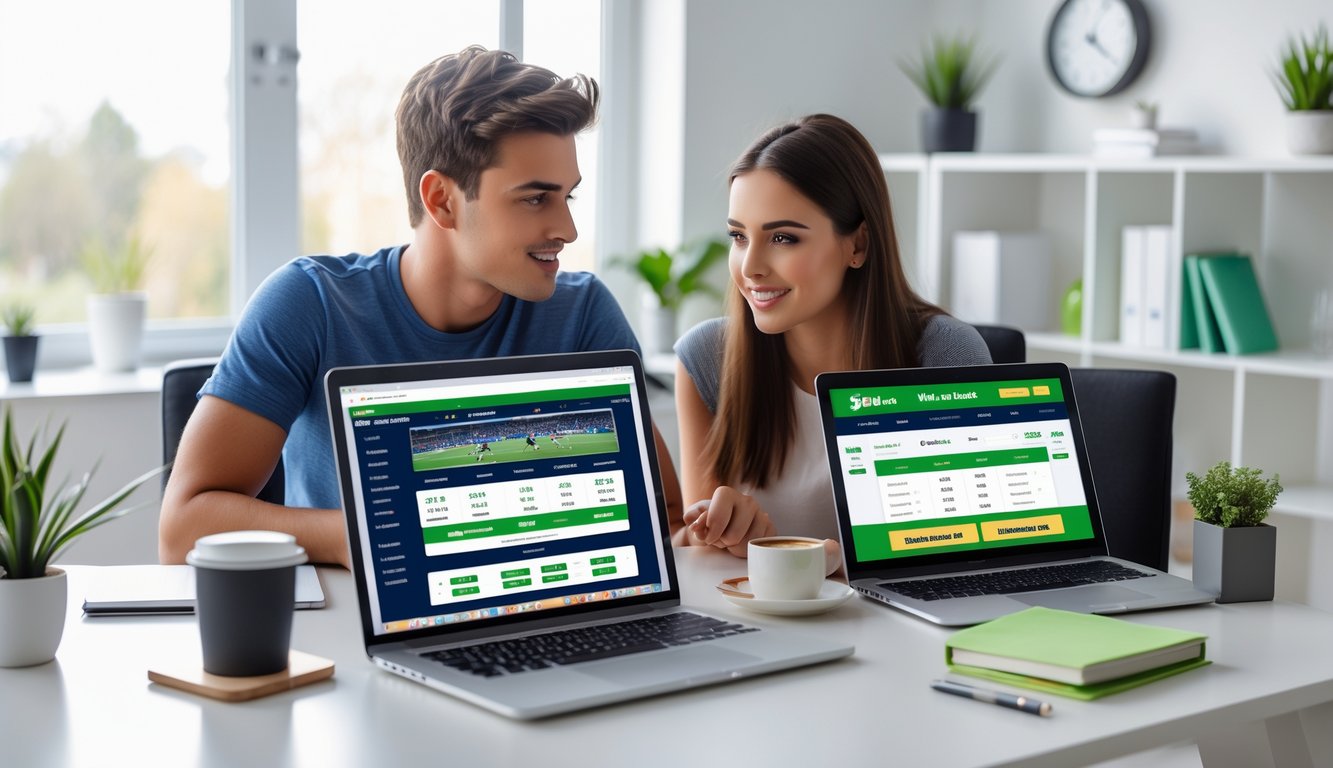 Dua orang muda duduk bersama di meja dengan laptop dan ponsel, terlihat serius berdiskusi tentang taruhan bola online di ruangan berlampu alami.